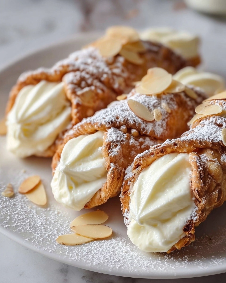 The image shows four cannoli arranged on a white plate with a white marbled surface underneath. Each cannoli has a crispy, golden-brown shell with a textured, flaky surface dusted with powdered sugar. They are filled with a smooth, creamy white ricotta filling that slightly overflows from both ends. On top of each cannoli, thin almond slices are gently placed for decoration. The close-up view highlights the contrast between the crunchy shell and the soft filling. photo taken with an iphone --ar 4:5 --v 7