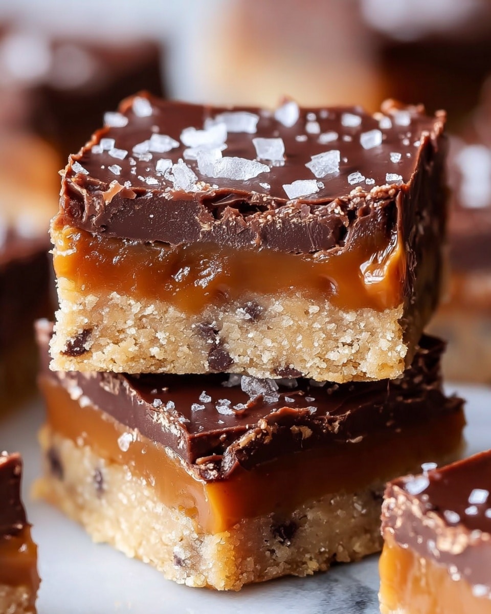 A close-up of two square dessert bars stacked on each other, each bar showing three clear layers: a bottom layer of light brown crumbly cookie crust with small chocolate chips, a middle layer of smooth caramel with a glossy texture, and a thick top layer of dark chocolate with a slightly rough and cracked surface, sprinkled with coarse sea salt crystals. The background is a soft white marbled texture out of focus. Photo taken with an iphone --ar 4:5 --v 7
