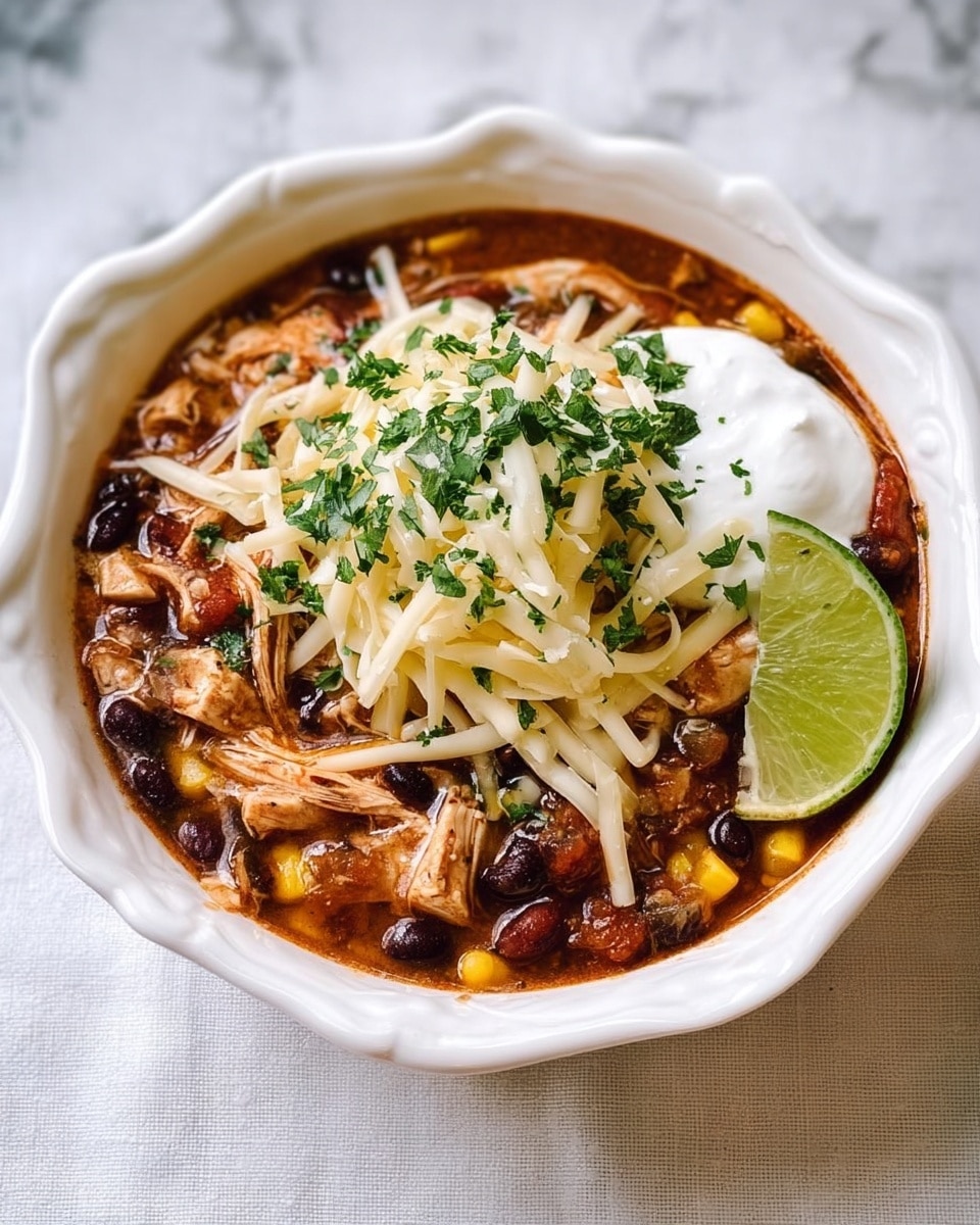 A white scalloped bowl filled with a thick stew made of shredded chicken, black beans, corn, and diced tomatoes in a brown broth. On top, there is a generous heap of shredded white and yellow cheese mixed together with a dollop of white sour cream beneath it. Fresh green chopped cilantro is sprinkled over the cheese and stew. A bright green lime wedge sits on the right edge of the bowl. The bowl is placed on a white marbled textured surface. photo taken with an iphone --ar 4:5 --v 7