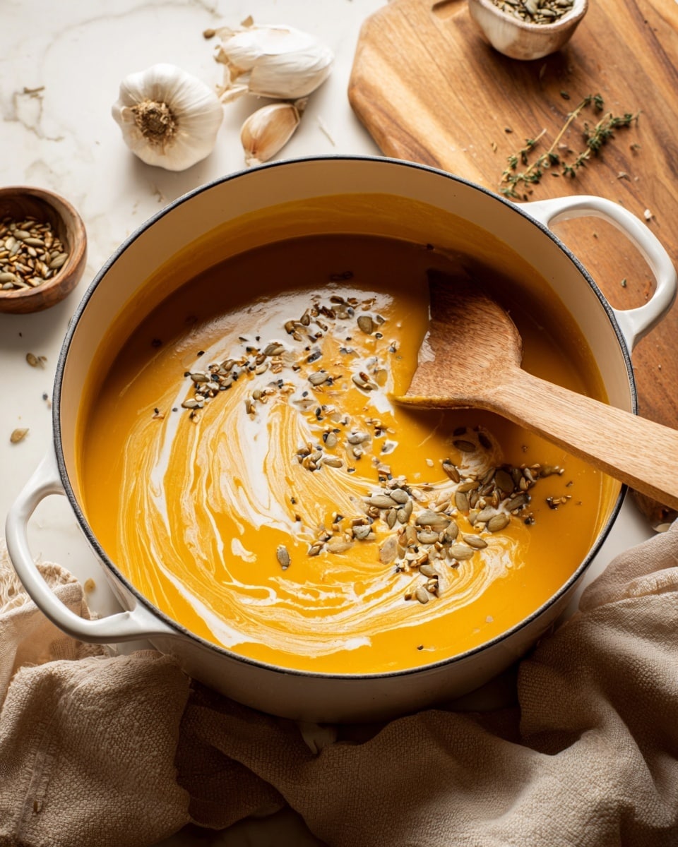 A large white pot filled with smooth orange soup showing swirls of white cream mixed on the surface, topped with scattered toasted seeds and small herb bits, a wooden spatula resting partially dipped on the right side. Around the pot there is a soft beige cloth underneath and a wooden cutting board with garlic cloves and small bowls of seeds in the background. The whole scene is set on a white marbled textured surface. photo taken with an iphone --ar 4:5 --v 7