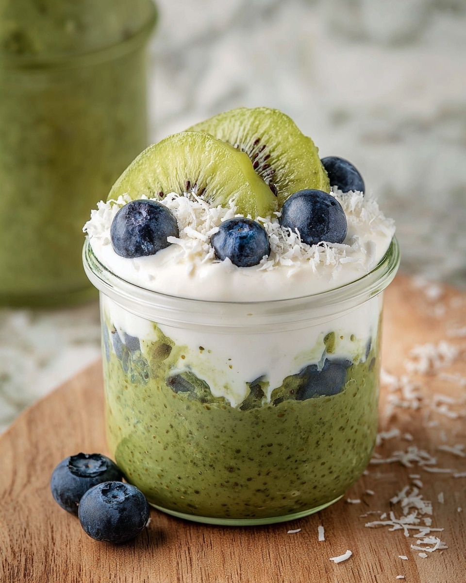 A small clear glass jar filled with two layers: the bottom layer is a thick, textured green mixture, and the top layer is smooth white cream. On top of the white cream, there are fresh fruit pieces, including three blueberries, some blueberry halves, two slices of bright green kiwi, and a sprinkling of white shredded coconut. The jar sits on a light brown wood surface with a white marbled texture in the background. A blurred green jar is seen behind, and a few blueberries rest on the surface near the jar. Photo taken with an iphone --ar 4:5 --v 7