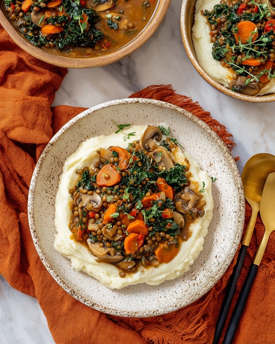 The dish shows one layer of creamy white mashed potatoes spread in a round shape on a speckled white plate. On top, there is a thick vegetable stew layer made of dark green kale, orange carrot slices, light brown mushrooms, and small brown lentils in a rich, brown sauce. The stew is placed in the middle, leaving some mashed potatoes visible around the edges. The plate sits on an orange cloth napkin, and two gold and black spoons are placed nearby on a white marbled surface. Part of another bowl filled with the stew is visible at the top left, and another serving of the dish is partially seen at the top right. photo taken with an iphone --ar 4:5 --v 7