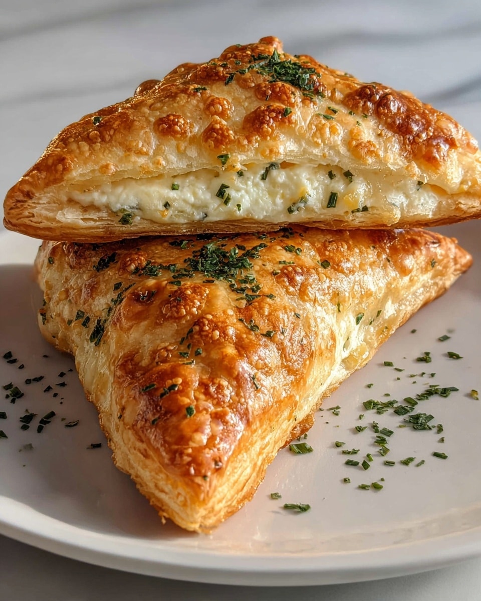 Two golden-brown triangular pastries sit on a white plate on a white marbled surface. The top pastry is cut in half, revealing a thick creamy white filling mixed with green herbs. The pastries have a flaky, layered crust with small crispy bubbles on the surface. Sprinkled finely chopped green herbs decorate the top crust, adding texture and color contrast. The overall look is warm and inviting, with the flaky layers and creamy filling clearly visible. photo taken with an iphone --ar 4:5 --v 7