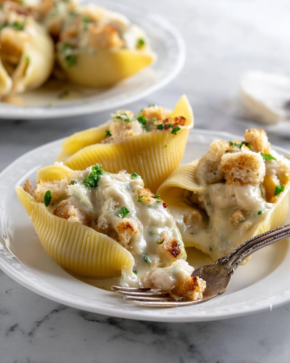 Three large yellow pasta shells are placed on a white plate, each filled with a creamy white sauce mixed with small pieces of soft bread and garnished with chopped green herbs. The shells have a ridged texture and appear soft and tender. The creamy filling is slightly shiny, with the toasted bread bits adding a golden brown contrast on top. A silver fork rests on the side of the plate, and in the blurred background, another similar white plate with more stuffed pasta shells is visible, all set on a white marbled surface. photo taken with an iphone --ar 4:5 --v 7