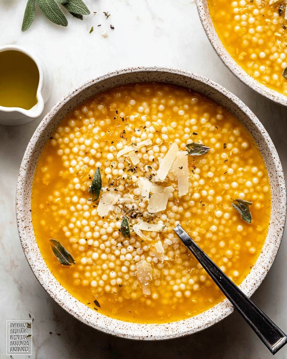 A white speckled bowl filled with a warm, orange-yellow soup, thick with small, white couscous pearls evenly spread throughout. The soup is lightly sprinkled with small green herb leaves and thin shreds of pale cheese, adding texture on the surface. A silver spoon with a black handle rests inside the bowl, partially submerged in the soup. The background is a white marbled texture, with a small white cup of olive oil and some herbs scattered around. Photo taken with an iphone --ar 4:5 --v 7