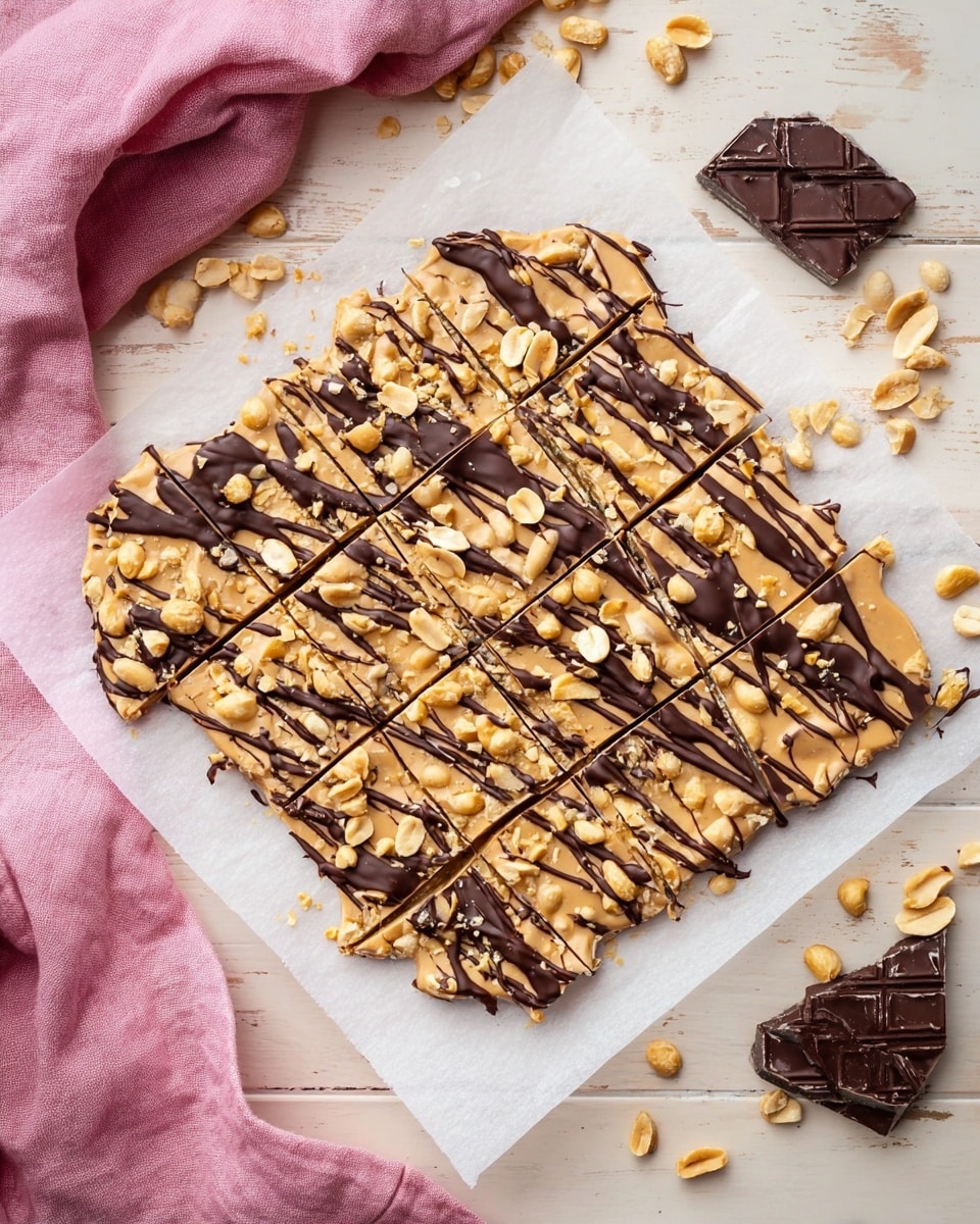 A large square sheet of peanut butter bark is shown on white parchment paper, cut into smaller squares and rectangles. The bark has a base layer of creamy light brown peanut butter-colored chocolate that is smooth and glossy. On top, there are drizzles of dark melted chocolate crisscrossing in thin lines and scattered pale yellow whole and chopped peanuts, giving a crunchy texture. Around the bark, some peanuts and pieces of dark chocolate blocks are placed on a white marbled wooden surface. A soft pink cloth is loosely draped on the left side of the image. photo taken with an iphone --ar 4:5 --v 7