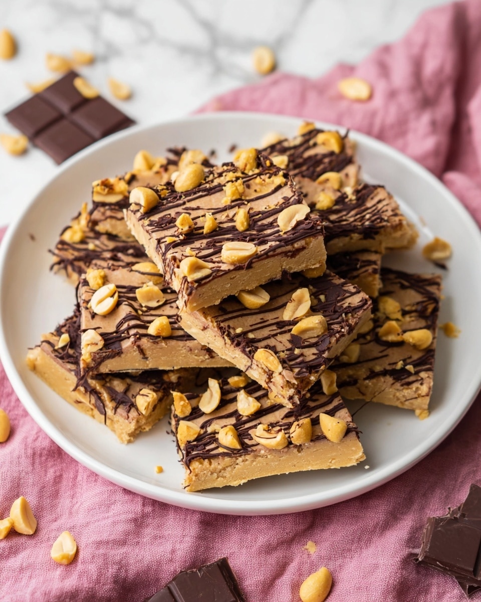 A white plate filled with a stack of square-shaped peanut butter bars, each bar having two layers: a thick light tan peanut butter base with a smooth texture, topped with dark chocolate drizzle in fine, irregular zigzag lines spread all over. Chopped yellow peanuts are scattered generously over the chocolate, adding a crunchy texture. The plate sits on a white marbled surface with a pink cloth nearby and pieces of dark chocolate and peanuts scattered around. photo taken with an iphone --ar 4:5 --v 7