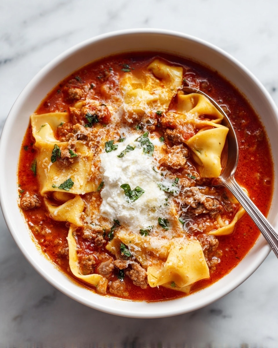 A white bowl filled with a rich, red tomato-based soup layered with wide, flat pasta pieces that have a smooth texture and a golden-yellow color. Scattered throughout are chunks of browned ground meat and small, soft pasta curls. In the center, there is a dollop of creamy white ricotta cheese topped with finely grated cheese, adding a lighter, fluffy texture. Green herbs are sprinkled over the soup for a fresh look. A silver spoon rests inside the bowl, scooping up some pasta and sauce. The bowl is placed on a white marbled surface. Photo taken with an iphone --ar 4:5 --v 7