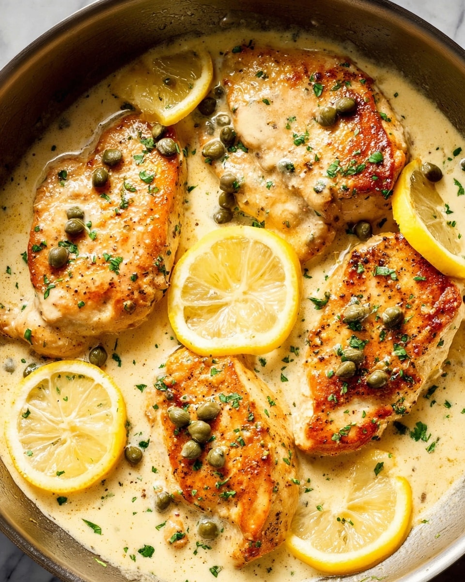 The image shows four browned chicken breasts in a light creamy sauce with small green capers scattered on top, garnished with finely chopped green herbs. The creamy sauce is smooth and covers the bottom of a pan lightly, surrounding the chicken. Around the chicken are bright yellow lemon wedges partially submerged in the sauce, adding a fresh color contrast. The chicken pieces have a slight golden crust, and the sauce looks rich and thick with a silky texture. The background surface is a white marbled texture. photo taken with an iphone --ar 4:5 --v 7