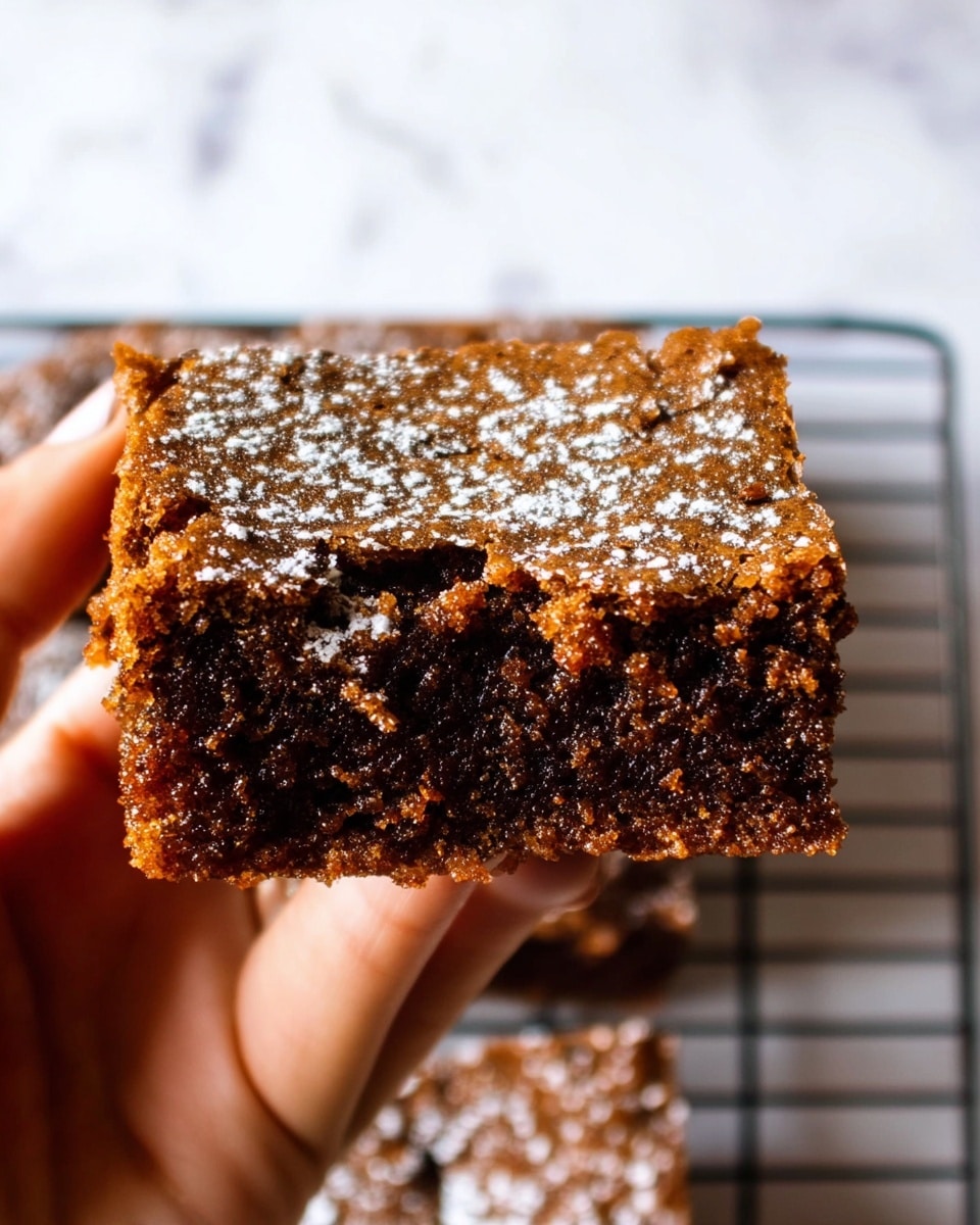 The image shows a close-up of a square brownie held by a woman's hand, with the top layer being a slightly cracked, shiny, and textured dark brown crust sprinkled with powdered sugar. The inside of the brownie looks moist and dense with a rich brown color. The background features a white marbled texture with a wire cooling rack partially visible underneath. Photo taken with an iphone --ar 4:5 --v 7