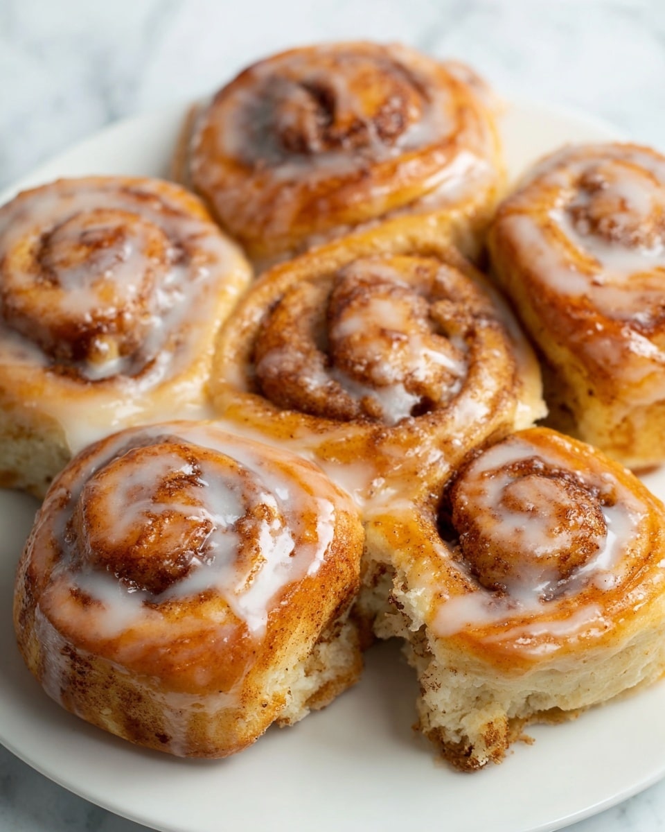 The image shows soft, golden brown cinnamon rolls with a swirl pattern on top, covered in a light, glossy glaze. The rolls are fluffy with a slightly crisp crust, and the cinnamon filling is spread evenly inside the layers, showing dark brown specks throughout. One cinnamon roll in the front has a bite taken out, revealing soft, light layers inside. The rolls are on a white plate set against a white marbled background. Photo taken with an iphone --ar 4:5 --v 7