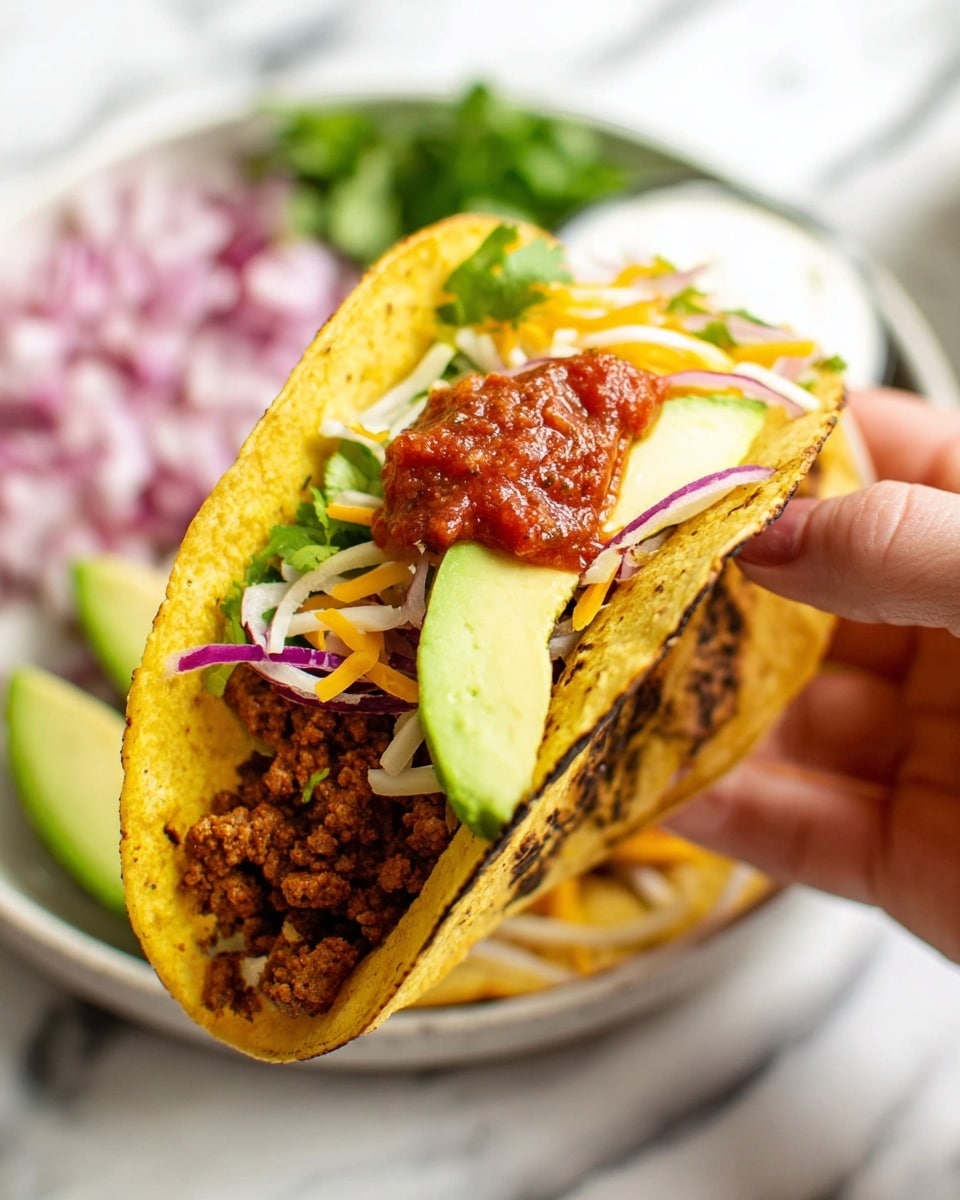 A close-up image of a hand holding a taco made with a yellow corn tortilla that has light charring. Inside the taco are several layers: browned ground meat at the bottom, topped with a slice of fresh green avocado, thin strips of reddish-purple onion, shredded orange and white cheese, and a spoonful of red salsa on top. In the background, there is a sectioned white plate holding more toppings including red onions, salsa, and a white creamy sauce, all set on a white marbled surface. photo taken with an iphone --ar 4:5 --v 7