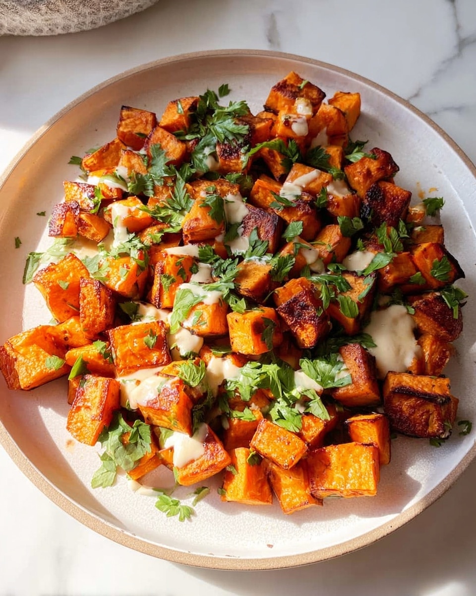 A white bowl filled with two types of roasted cubed vegetables, one bright orange and the other a deeper orange with charred edges, spread across the bowl. Light green chopped herbs are sprinkled evenly over the top, with small drizzles of a creamy pale sauce adding contrast and texture. The bowl sits on a white marbled surface, and sunlight casts soft shadows, highlighting the warmth and color of the dish. photo taken with an iphone --ar 4:5 --v 7