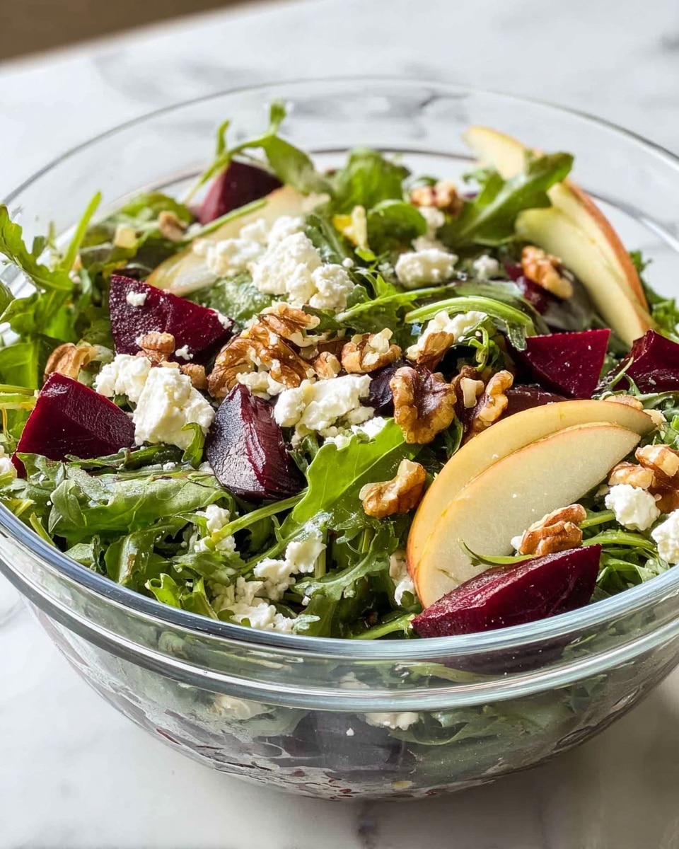 A clear glass bowl filled with a fresh salad that has three main layers: at the bottom a base of dark green leafy arugula, scattered throughout are bright white crumbles of cheese. Mixed in among the greens are deep red beet slices and thin, pale yellow apple slices with a smooth texture around the edges. Walnut pieces are sprinkled on top in various spots, adding a crunchy element. The bowl sits on a white marbled surface, and the salad looks bright and fresh with a variety of colors and textures visible. photo taken with an iphone --ar 4:5 --v 7
