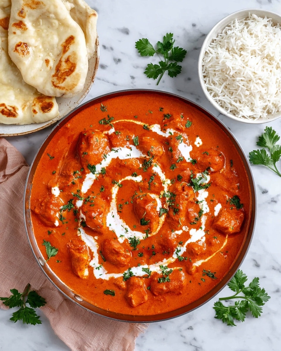 The image shows a large pan filled with rich orange-red butter chicken curry, with many tender chicken pieces covered in thick smooth sauce. On top, there is a swirl of white cream and scattered fresh green parsley leaves that add a fresh touch. To the left, there are two pieces of soft, lightly toasted naan bread stacked on a white marbled surface, and on the right, a white bowl filled with fluffy white basmati rice. The scene is set on a white marbled background with some fresh parsley sprigs lying nearby. photo taken with an iphone --ar 4:5 --v 7