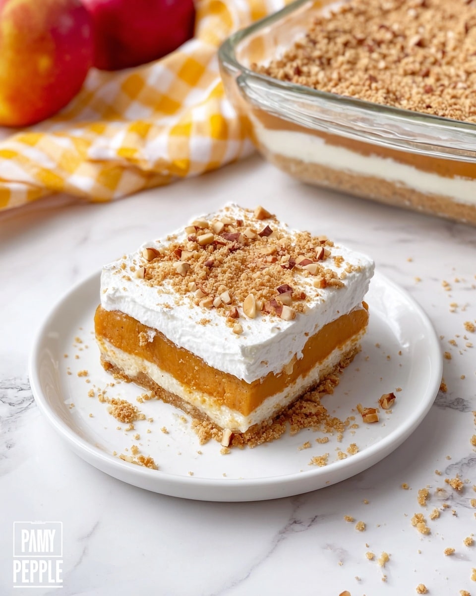 A square slice of layered dessert sits on a white plate, showing three distinct layers: a bottom layer of light brown crumbly crust, a middle thick orange layer resembling pumpkin or sweet potato filling, and a top white whipped cream layer sprinkled with small chopped nuts. The plate rests on a white marbled surface scattered with some crust crumbs. In the background, a larger glass dish contains the full dessert with the same clearly visible layers and nut topping, and a yellow and white checkered towel and a red apple are partially visible to the side. The photo taken with an iphone --ar 4:5 --v 7