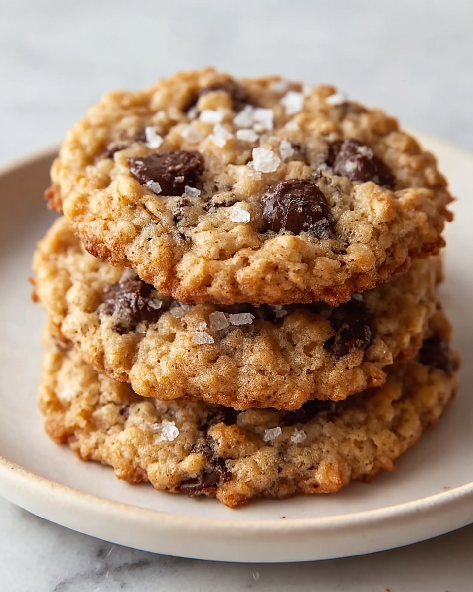 A close-up view of three round oatmeal chocolate chip cookies stacked on a white plate, each cookie showing a rough, bumpy texture with golden-brown edges and a lighter oatmeal base mixed with darker brown bits. The cookies have visible dark chocolate chips embedded throughout their surface, and small flakes of coarse salt scattered on top. The plate sits on a white marbled texture. photo taken with an iphone --ar 4:5 --v 7