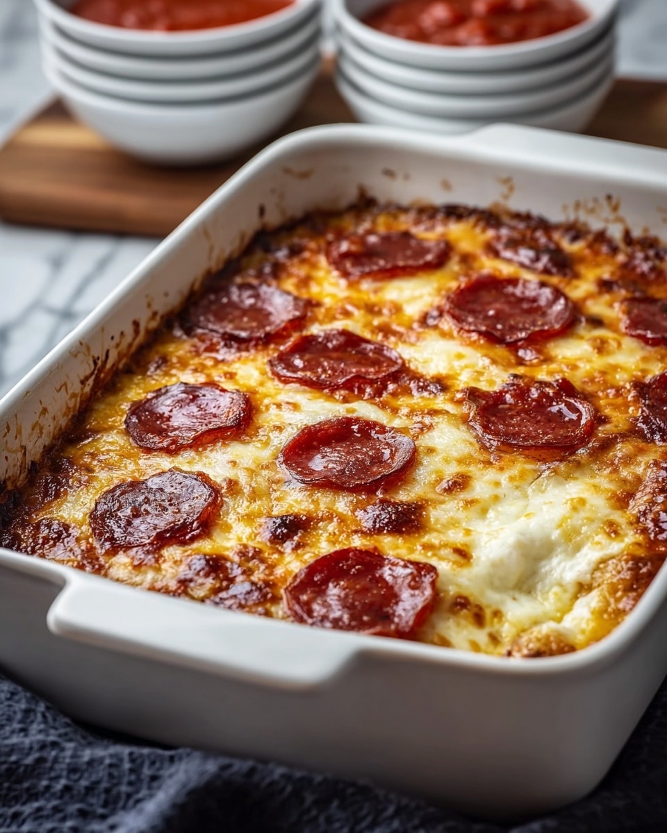 A white rectangular baking dish filled with a three-layer baked dish: the bottom layer is golden-brown melted cheese with a slightly bubbly texture, the middle layer is thick and creamy white sauce, and the top layer is covered with evenly spaced, crispy, dark red pepperoni slices partially sunken into the bubbling browned cheese, which has spots of darker toasty brown around the edges. The dish sits on a dark cloth with stacked white bowls containing red sauce blurred in the background, all placed on a white marbled surface. Photo taken with an iphone --ar 4:5 --v 7