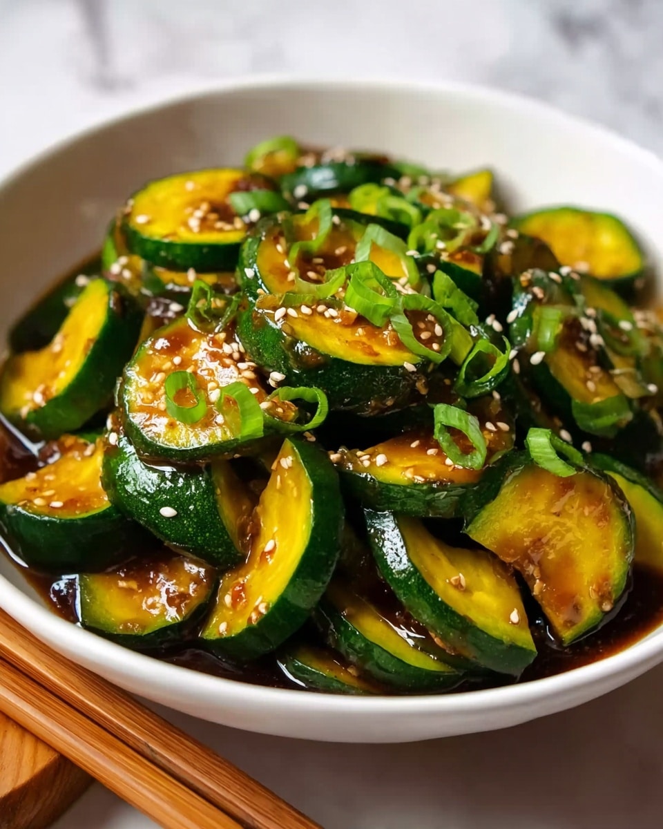 The image shows a white bowl filled with sliced zucchini cooked in a glossy dark brown sauce, making the green skin and yellow flesh of the zucchini shine. The zucchini slices are cut into half-moon shapes, layered loosely with a few overlapping pieces. White sesame seeds and chopped green onions are sprinkled on top, adding texture and color contrast. The bowl sits on a white marbled surface with wooden chopsticks resting beside it. Photo taken with an iphone --ar 4:5 --v 7