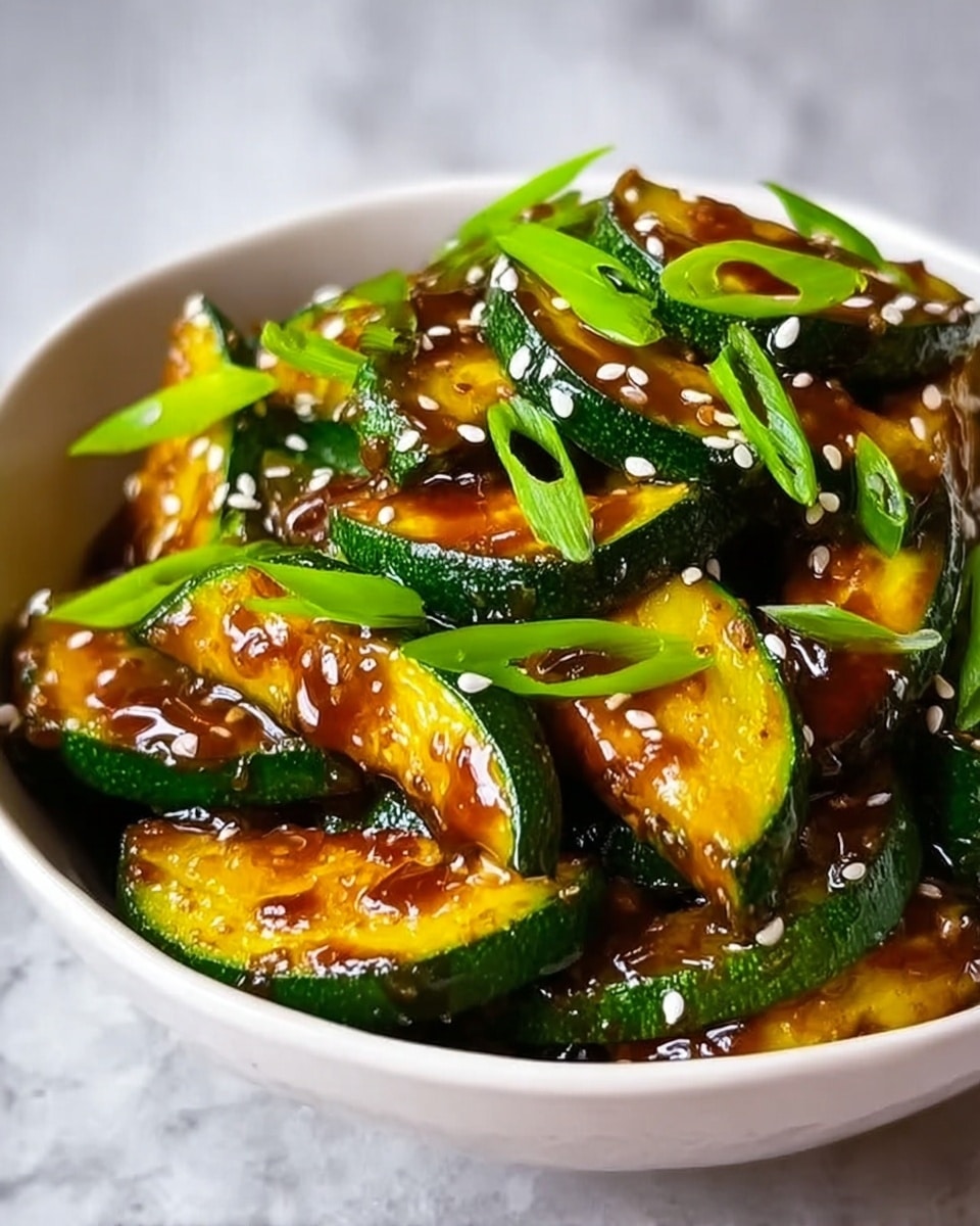 This image shows a white bowl filled with cooked zucchini slices, cut thick and coated in a glossy, dark brown sauce that makes them look shiny and rich. The zucchini pieces are vibrant green on the outside with a soft yellow inside. Thin slices of fresh green onions are sprinkled on top, adding a bright green color and fresh texture. Small white sesame seeds are scattered over the zucchini, giving a slight crunch and more color contrast. The bowl sits on a white marbled background, making the green and brown colors of the food stand out. Photo taken with an iphone --ar 4:5 --v 7