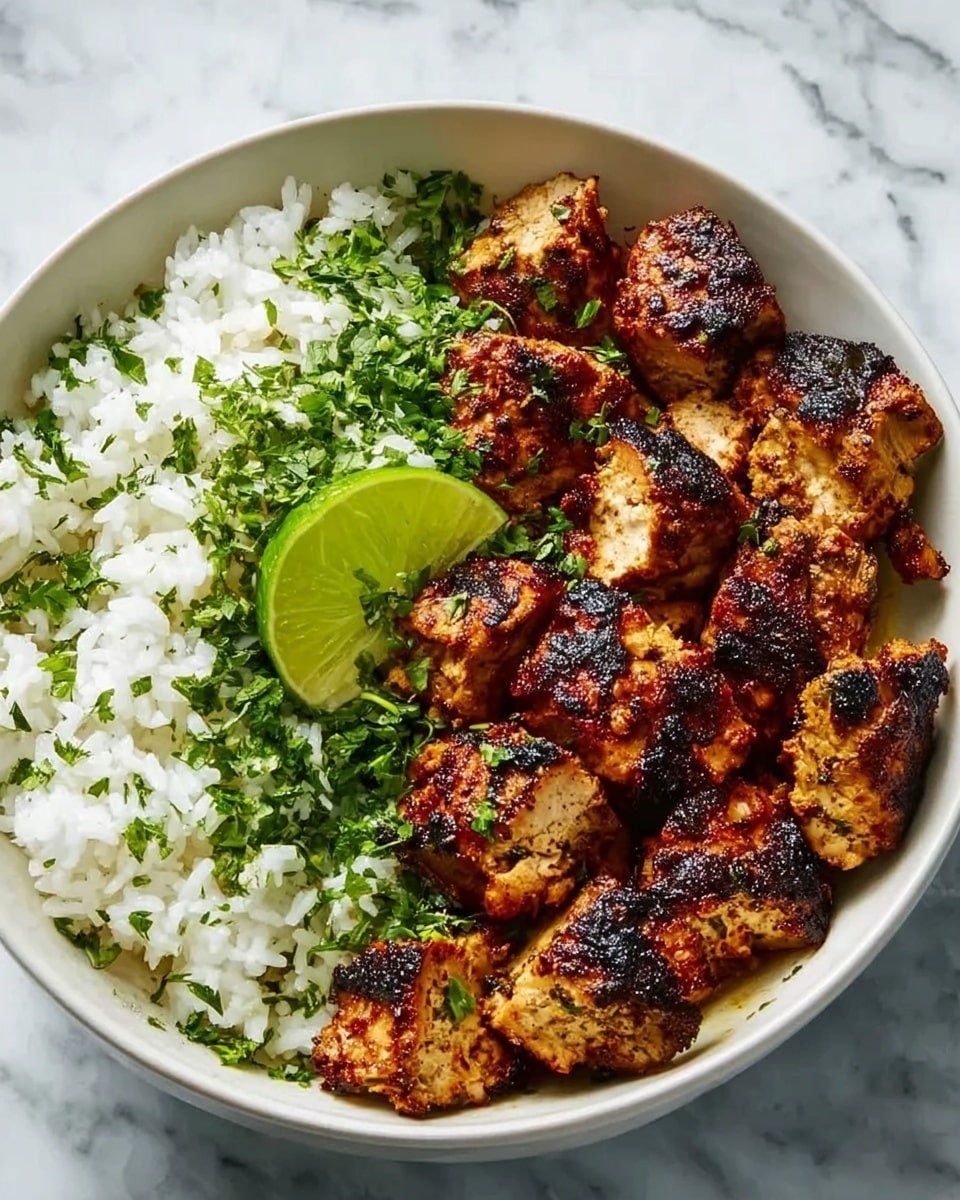 A white bowl is filled with two main layers: on the left side, there is fluffy white rice topped with chopped green herbs, and on the right side, there are pieces of grilled chicken with a charred, golden-brown color and slightly rough texture. A green lime wedge is placed on top between the rice and chicken. The bowl is set on a white marbled surface. photo taken with an iphone --ar 4:5 --v 7