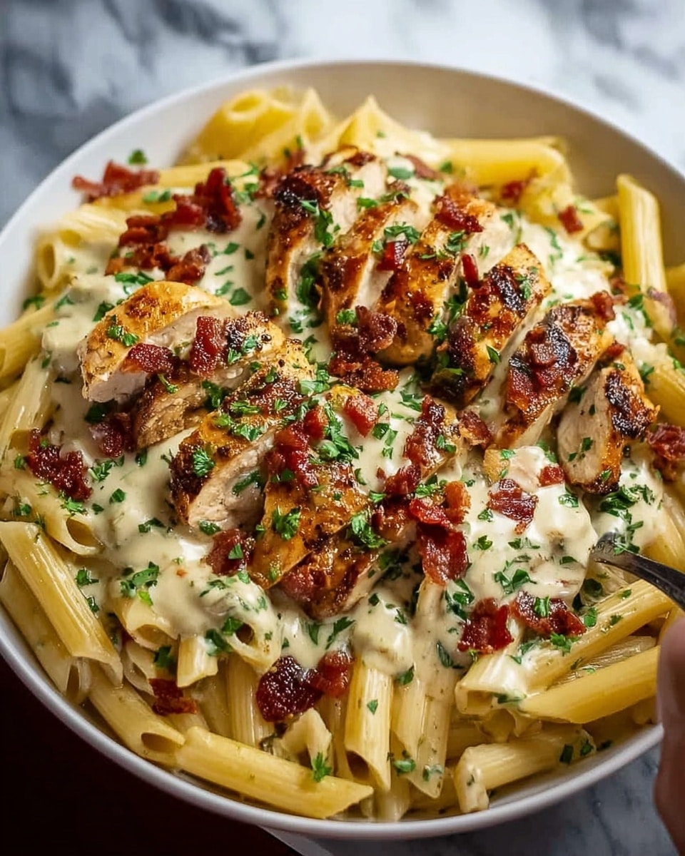 The image shows a close-up of a white bowl filled with penne pasta as the base layer, pale yellow in color and smooth in texture. On top of the pasta are several browned, grilled chicken pieces arranged evenly, covered with a creamy white sauce flecked with herbs. Scattered across the dish are small, crispy red bacon bits adding a contrast in color and texture. The dish is garnished with chopped green parsley sprinkled over the top, creating a fresh, vibrant look. The bowl sits on a white marbled surface, and a woman's hand is reaching towards it. Photo taken with an iphone --ar 4:5 --v 7