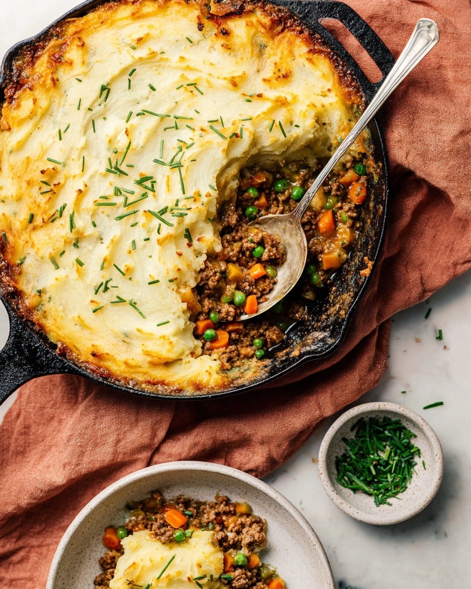 A cast iron skillet holds a shepherd's pie with two visible layers; the bottom layer is a mix of cooked ground meat, bright orange carrot pieces, and green peas, showing a moist and chunky texture, while the top layer is smooth, creamy mashed potatoes with a golden brown baked crust around the edges and scattered green chives on top. A spoon is placed inside the skillet, scooping some of the pie to reveal the colorful filling underneath. Nearby, a white bowl contains a portion of the same filling, and a small white bowl above holds extra chopped chives. The skillet rests on a light rust-colored cloth, all set on a white marbled surface. photo taken with an iphone --ar 4:5 --v 7