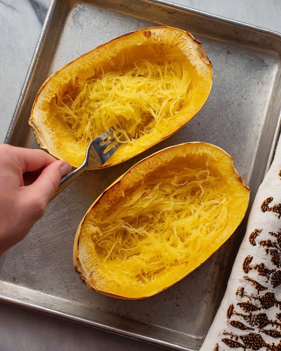 Two halves of cooked spaghetti squash rest on a white marbled surface inside a silver baking tray. The squash's outer shell is a golden-yellow color with some browning and soft texture from roasting. Inside each half, thin, long strands of yellow spaghetti squash flesh are visible, being loosened and scraped by a fork held by a woman's hand in the upper left corner. The strands have a slightly translucent and moist appearance. To the right edge, a white cloth with a printed brown and black pattern is partially visible. Photo taken with an iphone --ar 4:5 --v 7