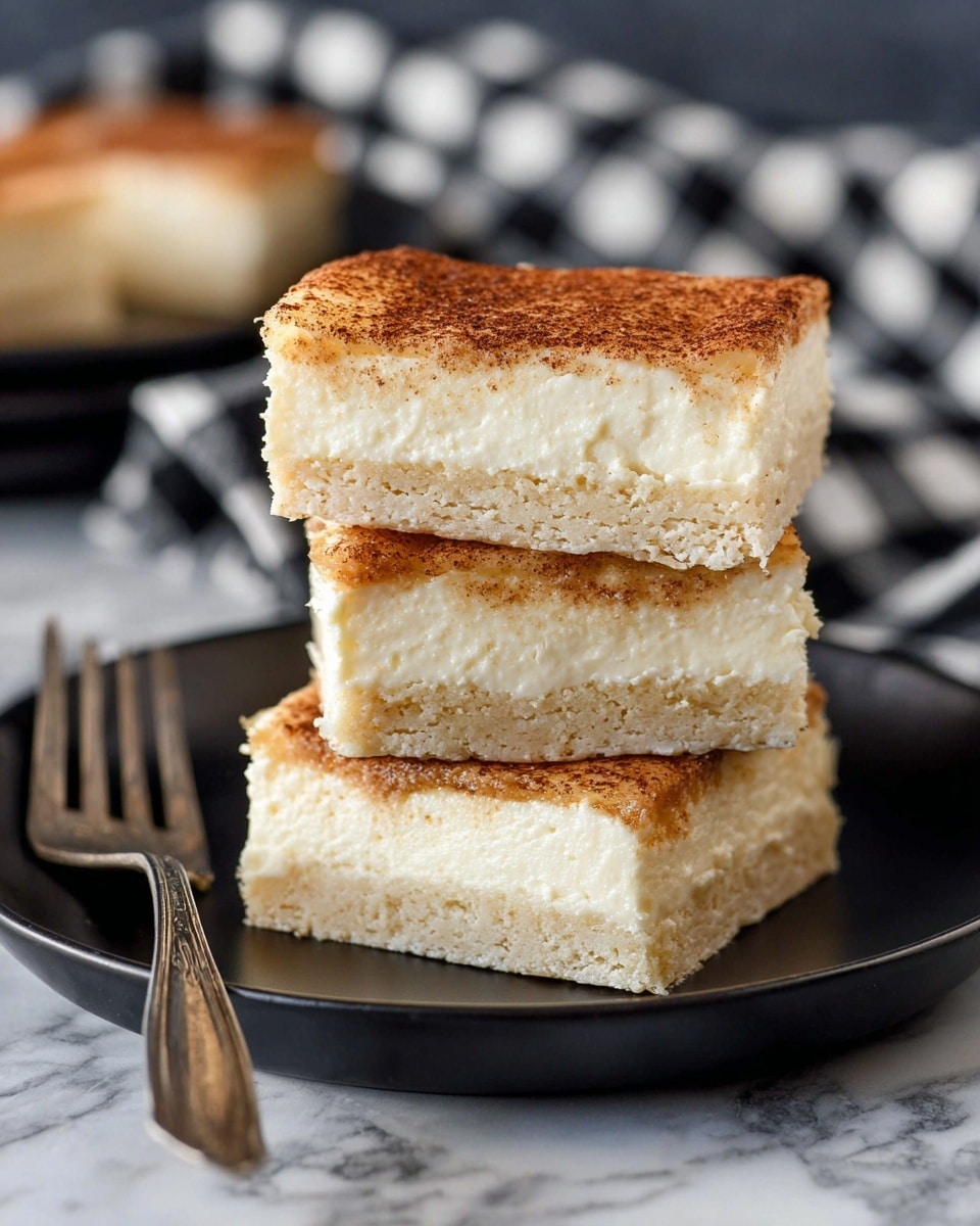 Three square slices of a cream-filled dessert are stacked on a black plate, showing three layers in each slice: a light beige base layer with a slightly crumbly texture, a thick, smooth, and creamy off-white middle layer, and a thin top layer with a golden-brown color, speckled with a cinnamon-like powder. The background includes a blurred white marbled surface and a black-and-white checkered cloth. A vintage silver fork lies on the plate beside the dessert. photo taken with an iphone --ar 4:5 --v 7