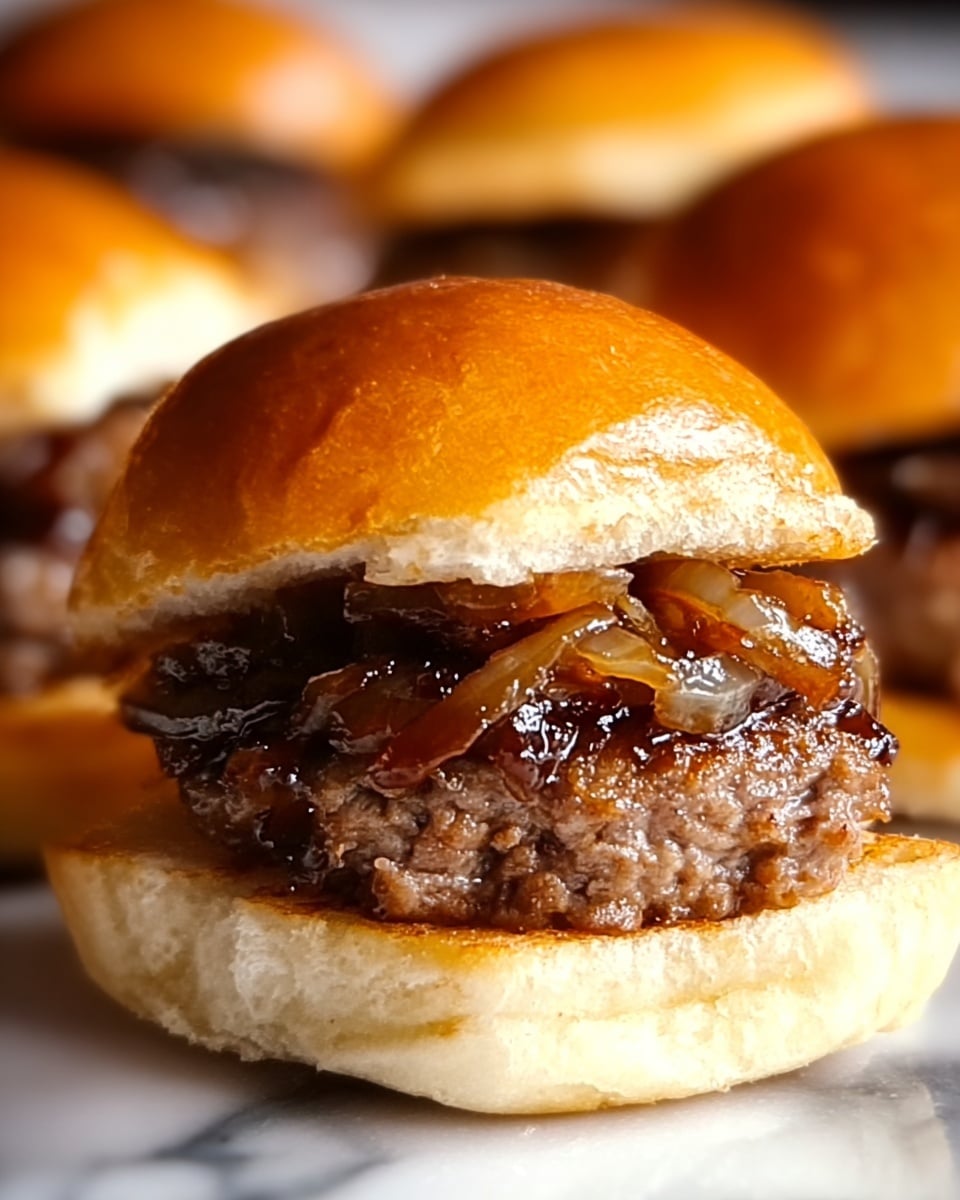 A close-up of a slider burger shows a soft, shiny golden brown bun on top. Below the bun is a layer of cooked caramelized onions with a glossy, warm amber color and translucent shine. Underneath the onions is a thick, juicy beef patty with a browned, slightly rough texture. The bottom layer is the soft, pale beige bun resting beneath the beef. The background features blurred similar sliders on a white marbled texture. photo taken with an iphone --ar 4:5 --v 7