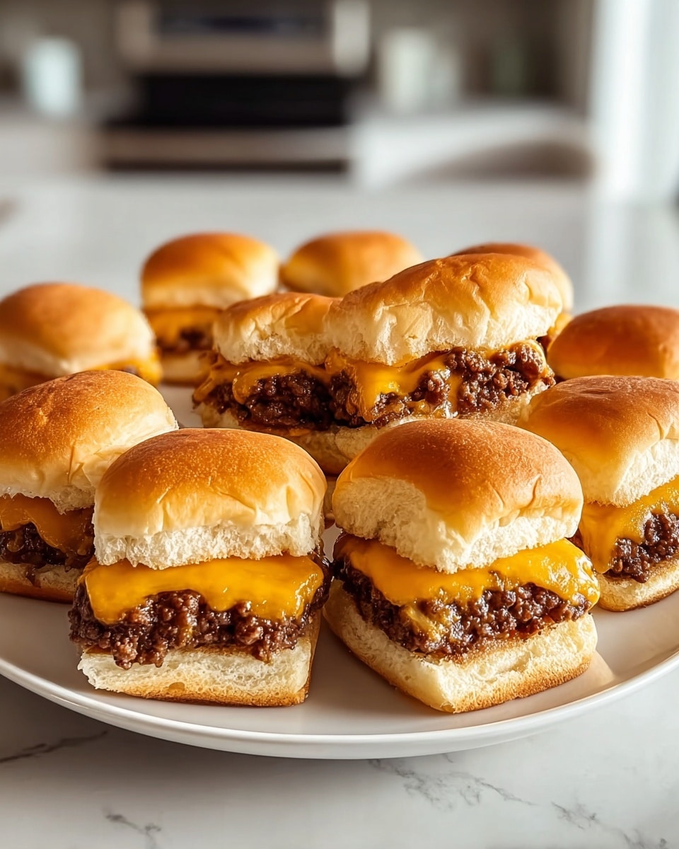 Eight mini cheeseburgers are arranged closely on a white plate that sits on a white marbled surface. Each cheeseburger has three clear layers: a soft, slightly golden brown top bun, a middle layer of melted bright orange cheese draping over a thick, juicy brown beef patty, and a fluffy, light beige bottom bun. The cheese looks smooth and glossy, slightly melting onto the beef which has a textured, crumbly appearance. The buns have a slight sheen, showing they are fresh and soft. The background is softly blurred, showing a modern kitchen setting. Photo taken with an iphone --ar 4:5 --v 7