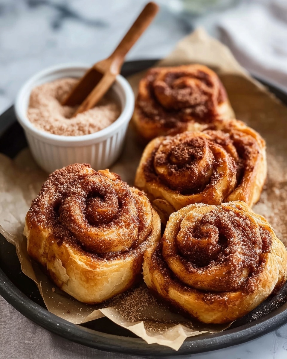 The image shows four cinnamon rolls on a round black plate, each roll having multiple layers of soft, golden-brown dough swirled with dark brown cinnamon sugar. The rolls have a slightly crispy sugar coating on the outside. The plate is lined with light brown parchment paper. In the background, there is a small white ramekin filled with light brown cinnamon sugar with a wooden scoop inside it. The surface beneath the plate is a white marbled texture. Photo taken with an iphone --ar 4:5 --v 7