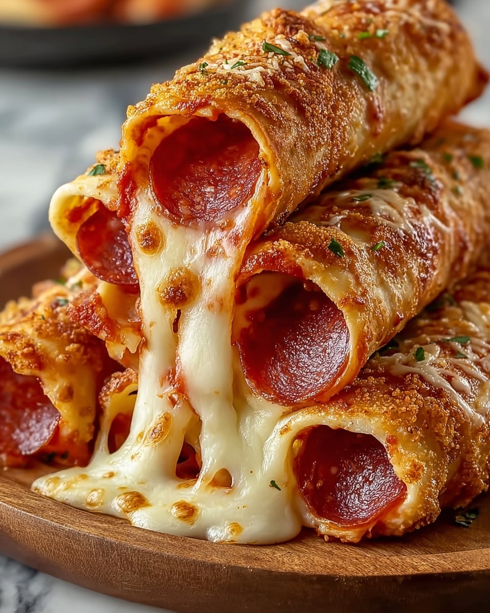 The image shows three rolled pizza sticks stacked in a pyramid shape on a wooden board placed on a white marbled surface. Each roll has a golden-brown crispy crust with a textured topping of melted cheese and some herbs. Inside, there are layers of bright red tomato sauce, glossy white melted cheese stretching slightly outside the rolls, and thin round slices of dark red pepperoni, giving a rich and savory look. The crust edges are slightly browned, adding to the texture and appeal. The overall look is warm, cheesy, and inviting, showing the cheesy filling oozing out of the rolls. Photo taken with an iphone --ar 4:5 --v 7