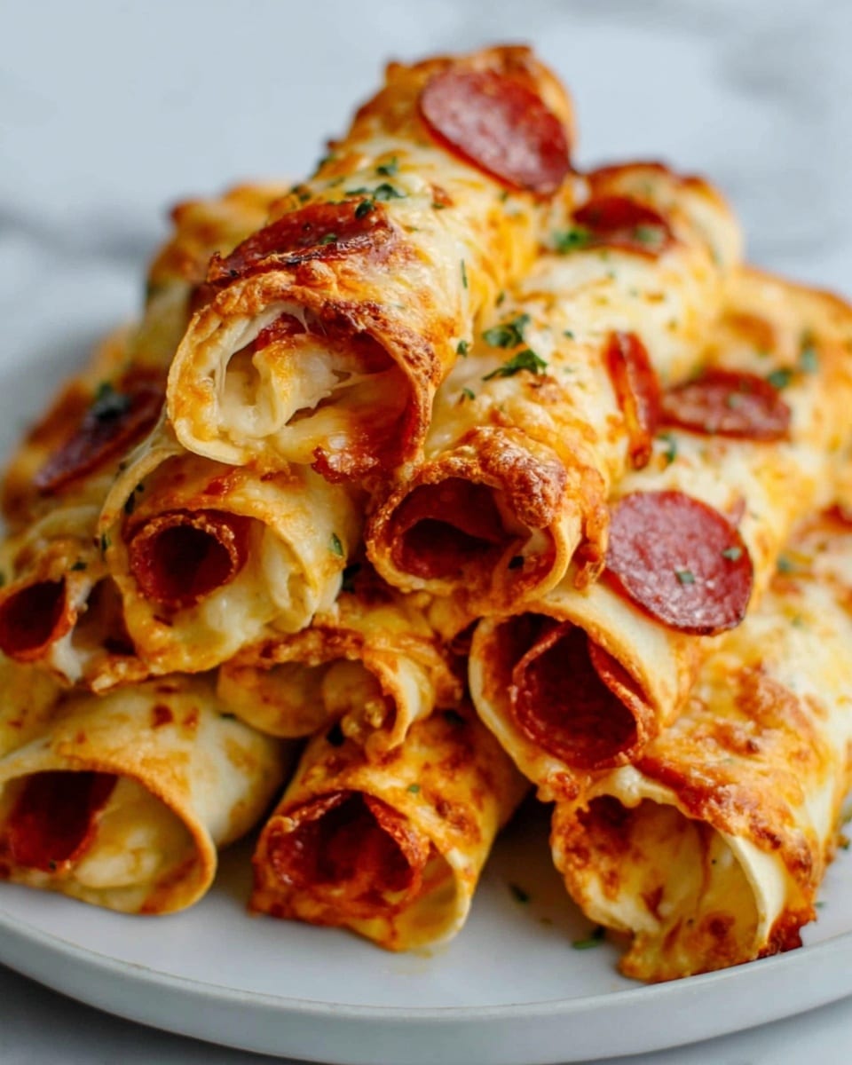 The image shows a pile of rolled tortilla chips covered in melted cheese with slices of pepperoni tucked inside each roll, giving a mix of golden melted cheese and deep red pepperoni colors. The crispy, browned edges of the cheese add texture, while some green herbs are sprinkled on top for a small touch of color. The rolls are stacked close together on a white plate, which sits on a white marbled surface. photo taken with an iphone --ar 4:5 --v 7
