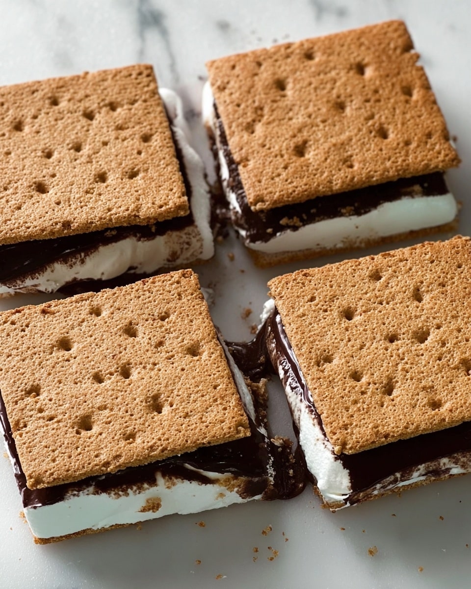 Four square s'mores pieces are placed close together on a white marbled surface, each made of three main layers. The bottom layer is a dark brown melted chocolate with a smooth, glossy texture. Above the chocolate is a thick, soft white marshmallow layer that slightly oozes out from the sides. The top layer is a light brown toasted graham cracker with a rough, crumbly texture and small dotted holes evenly spread across it. The pieces have clean edges but one piece shows a bit of marshmallow spilling out. photo taken with an iphone --ar 4:5 --v 7