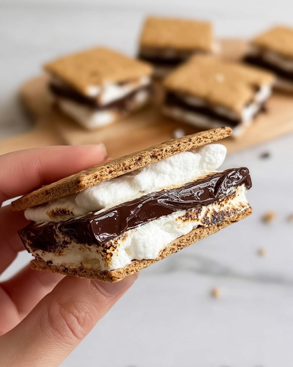 A close-up of a s'more held between the fingers, showing three visible layers: the top light brown graham cracker with a slightly rough texture, a thick middle layer of shiny dark chocolate pieces with a slightly melted look, and a bottom thick layer of soft, fluffy white marshmallow. In the background, on a white marbled surface, there are several more s'mores pieces arranged on a light wooden board, some with small bites taken out. Photo taken with an iphone --ar 4:5 --v 7