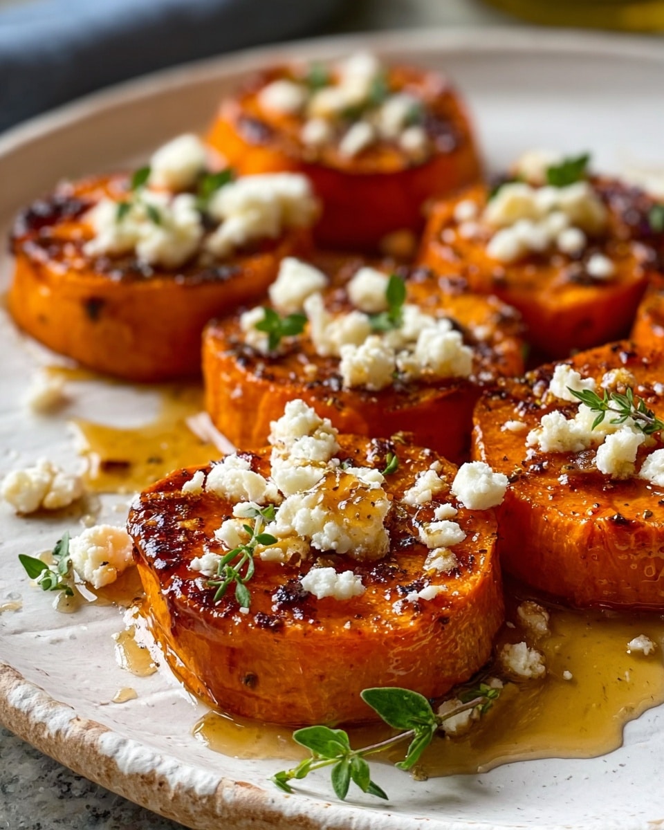 The image shows several round slices of roasted orange sweet potato arranged closely on a large white plate with a white marbled texture. Each sweet potato slice has a golden-brown caramelized surface with a slightly crispy texture. They are topped with crumbled white cheese and small green herb sprigs scattered on and around the slices. A glossy honey or syrup glaze shines over the sweet potatoes and pools gently on the plate, adding a sticky texture. The background is softly blurred, focusing attention on the dish. photo taken with an iphone --ar 4:5 --v 7
