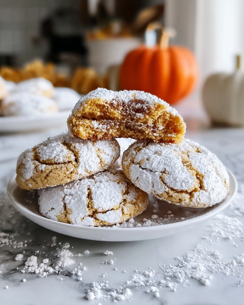 A white plate holds four soft cookies dusted heavily with white powdered sugar, creating a textured, snowy surface with cracks showing the golden-brown cookie beneath. One cookie is broken in half and balanced on top, revealing a moist, crumbly inside with swirls of cinnamon or spice. The plate sits on a white marbled surface with loose powdered sugar scattered around. In the background, a white jar and orange pumpkin with blurred kitchen elements add warm tones. Photo taken with an iphone --ar 4:5 --v 7