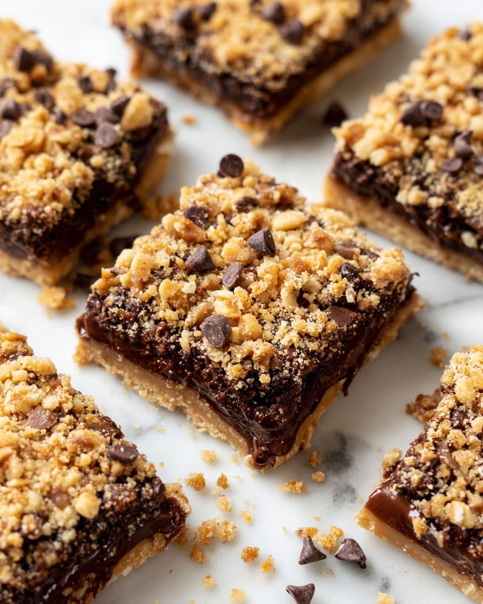 The image shows several square dessert bars arranged on a white marbled surface. Each bar has three visible layers: a dark, rich chocolate base with a gooey texture, a middle layer of melted chocolate chips mixed with the base, and a top layer covered with finely chopped light brown nuts that give a crumbly texture. The bars have uneven edges, showing the gooey chocolate oozing slightly out of the sides, and small chocolate chips are scattered around them on the surface. photo taken with an iphone --ar 4:5 --v 7