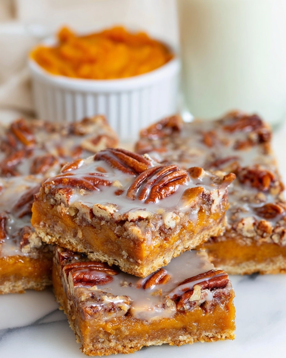 The image shows a close-up of three stacked dessert bars on a white marbled surface, each bar has three layers: the bottom layer is a light golden crust, the middle layer is a bright orange pumpkin filling, and the top layer is covered with chopped pecans and a light drizzle of white glaze. In the background, a white bowl filled with bright orange pumpkin puree sits next to a glass of white milk, and more stacked dessert bars can be seen slightly out of focus. The scene is bright and clean with soft, natural lighting highlighting the textures and colors of the bars. Photo taken with an iphone --ar 4:5 --v 7