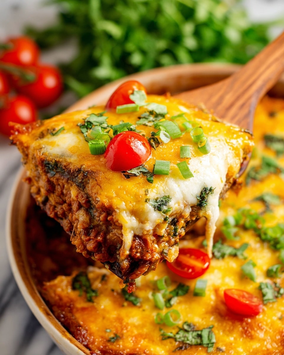 The image shows a close-up of a cheesy baked dish being lifted with a wooden spatula. The dish has three main layers: at the bottom a browned, thick layer likely made of meat or beans, followed by a rich, creamy white and yellow melted cheese layer with a slightly browned and bubbly texture on top. Scattered green chopped herbs and green onion pieces add fresh color on the surface, along with a few small bright red cherry tomato pieces. The dish is in a white bowl with a soft focus on green herbs and more cherry tomatoes blurred in the background, all set on a white marbled texture. photo taken with an iphone --ar 4:5 --v 7