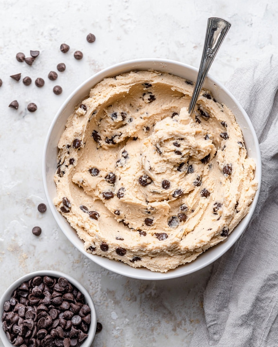 A white bowl filled with thick, creamy beige cookie dough mixed with dark brown chocolate chips evenly spread throughout. A silver spoon is placed inside the bowl on the right side, slightly buried in the dough with textures showing smooth and slightly grainy parts. Next to the bowl, a smaller white bowl holds more chocolate chips, some scattered loosely on a white marbled surface around the bowls. A light gray cloth is partially visible on the right side of the image. photo taken with an iphone --ar 4:5 --v 7