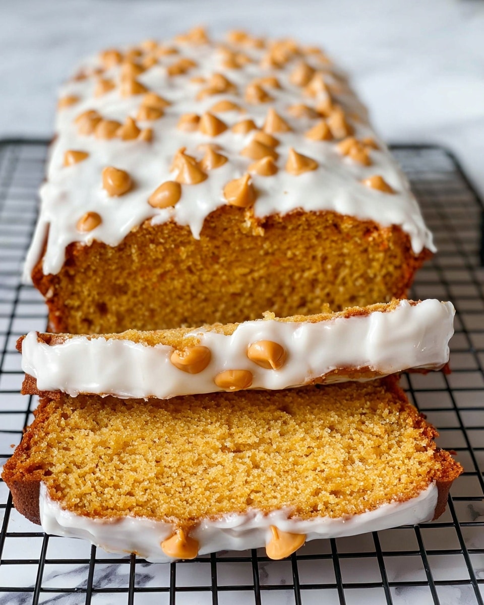 A sliced loaf cake with two visible layers: the bottom layer is a thick, golden brown moist crumb with a soft texture, topped by a smooth white icing that drips slightly down the sides. The upper layer is the rest of the loaf, covered with the same white icing drizzled unevenly across the top, scattered with light brown butterscotch chips in the center. The cake rests on a black wire cooling rack over a white marbled surface. The close-up view highlights the textures of the crumb and icing. photo taken with an iphone --ar 4:5 --v 7