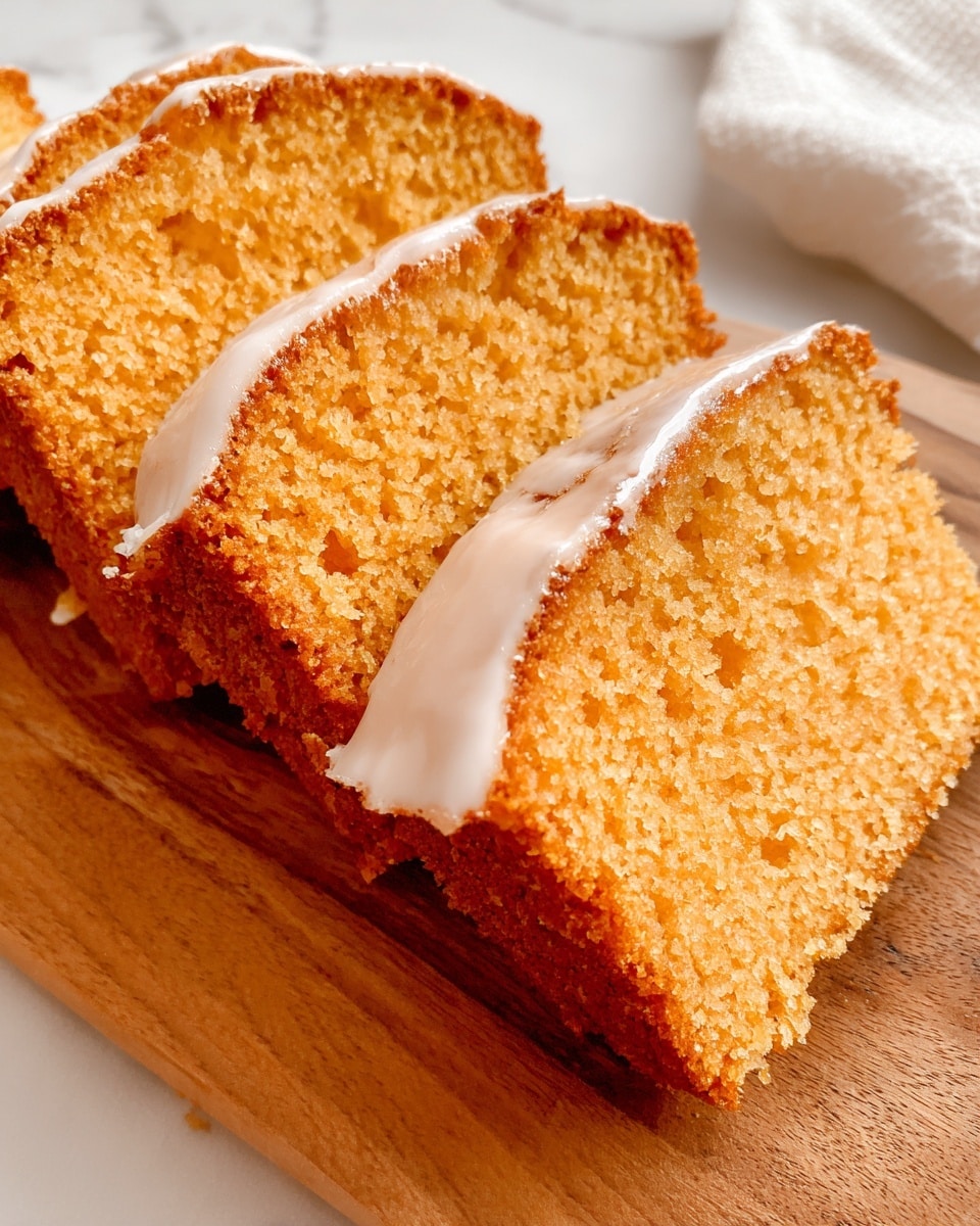 The image shows three slices of a moist, orange-colored cake with a fine crumb texture, arranged slightly overlapping on a wooden board. Each slice is topped with a thin, slightly glossy layer of white icing that contrasts with the deep orange cake beneath. The edges of the cake are slightly browned and crisp, while the inside remains soft. The wooden board rests on a white marbled surface with a hint of a white cloth to the right. photo taken with an iphone --ar 4:5 --v 7