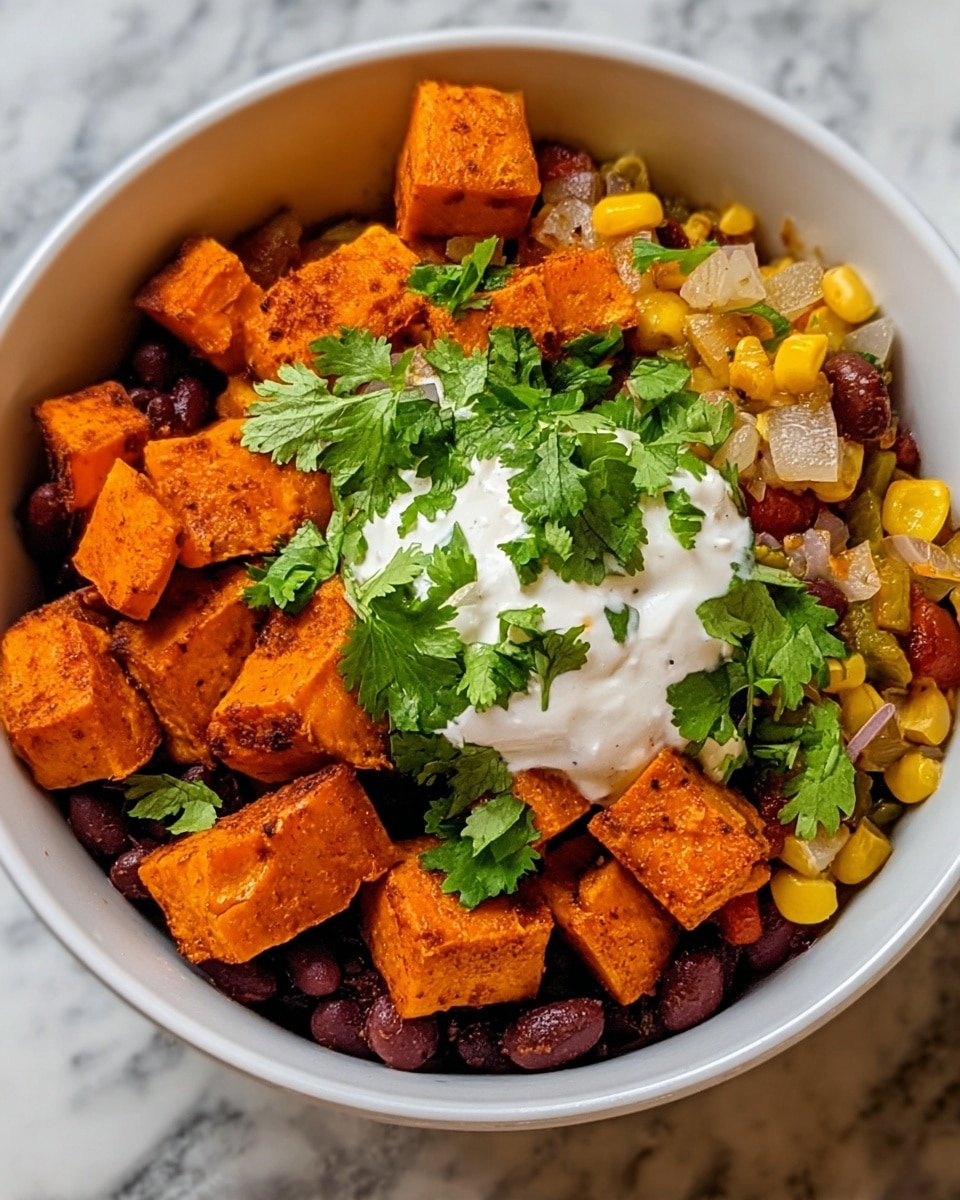 A white bowl filled with three main layers: the bottom layer is dark purple black beans, the middle layer is a mix of yellow corn and diced light orange vegetables with small pieces of onion, and the top layer is large, cubed, bright orange roasted sweet potatoes. On top, there is a dollop of white creamy sour cream sprinkled with fresh green cilantro leaves. The bowl is placed on a white marbled surface. photo taken with an iphone --ar 4:5 --v 7