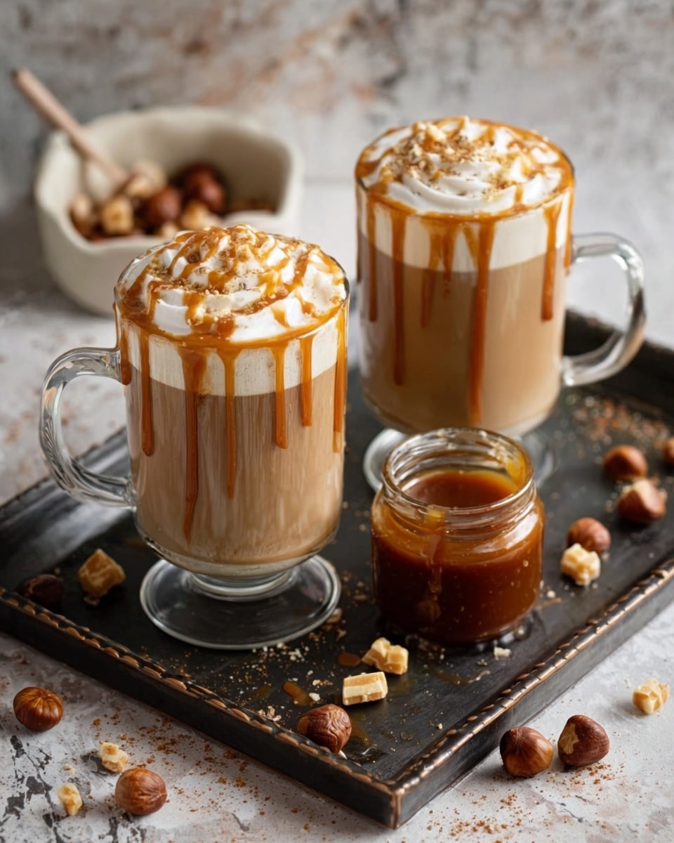 The image shows two clear glass mugs filled with light brown coffee topped with thick white foam and caramel drizzle dripping down the sides. The mugs are placed on a dark tray covered with caramel pieces and nuts, beside a small glass jar filled with caramel sauce. The background is a white marbled texture with more caramel and hazelnuts scattered around. The warm caramel and coffee colors contrast nicely with the white foam and marbled surface. The setup looks cozy and inviting. Photo taken with an iphone --ar 4:5 --v 7