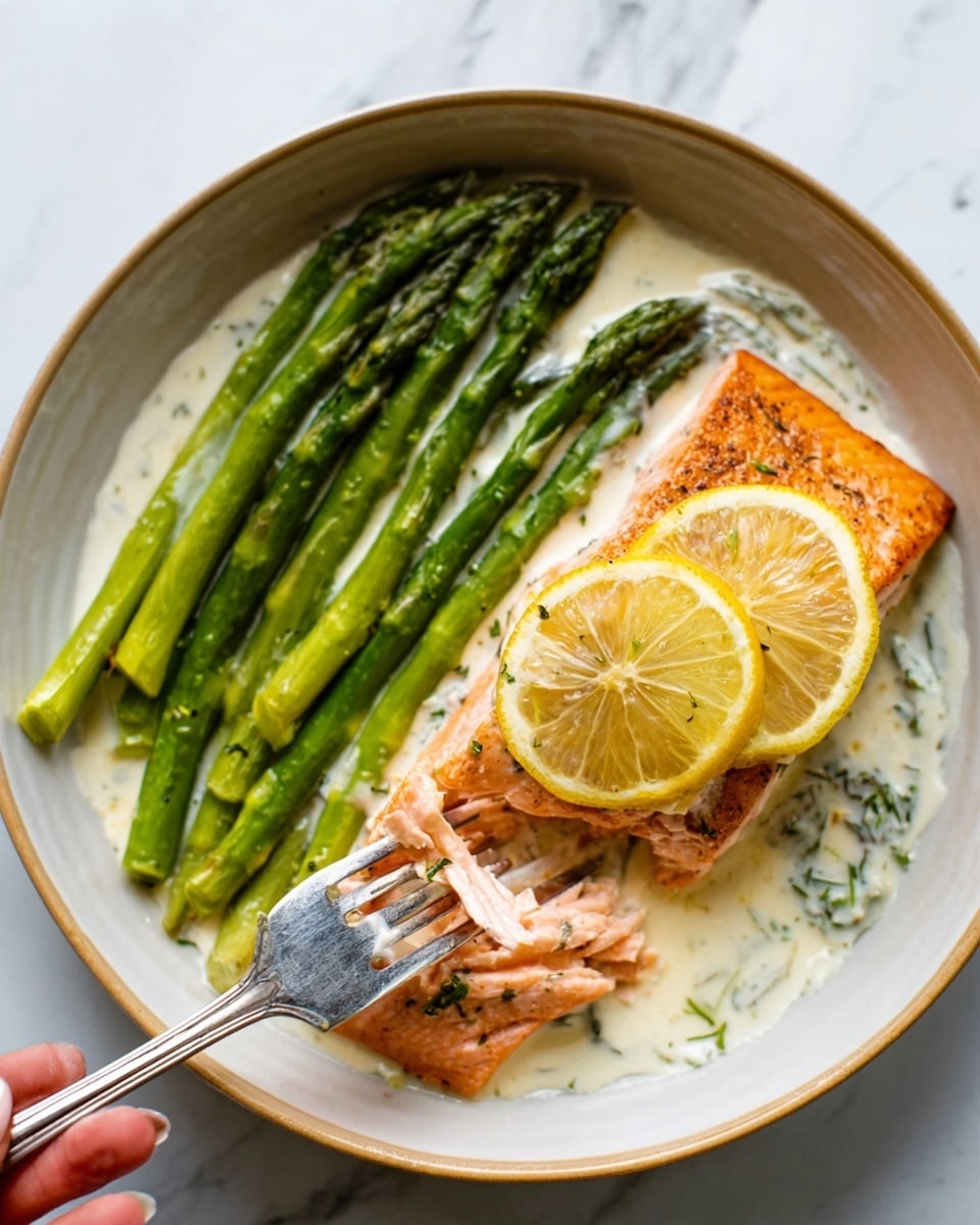 The dish shows a white bowl with a piece of cooked salmon placed on a creamy white sauce that has hints of herbs inside. The salmon is pink-orange with a seared texture and topped with two thin lemon slices. On the left side of the bowl, there are bright green asparagus spears arranged neatly. A silver fork held by a woman's hand is slightly inside the salmon, showing a close interaction with the food. The bowl is set on a white marbled surface. Photo taken with an iphone --ar 4:5 --v 7