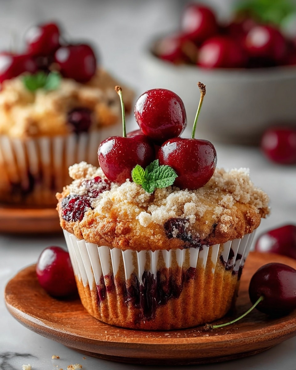 A close-up view of a cherry muffin placed on a white plate, showing three shiny red cherries with green mint leaves on top as the first decorative layer. Below that is a crumbly, golden brown streusel layer with uneven coarse crumbs and dark cherry pieces peeking through. The base is a soft, light brown muffin in a ridged white paper cup. Scattered around the plate are more glossy red cherries, all set against a white marbled background. Photo taken with an iphone --ar 4:5 --v 7