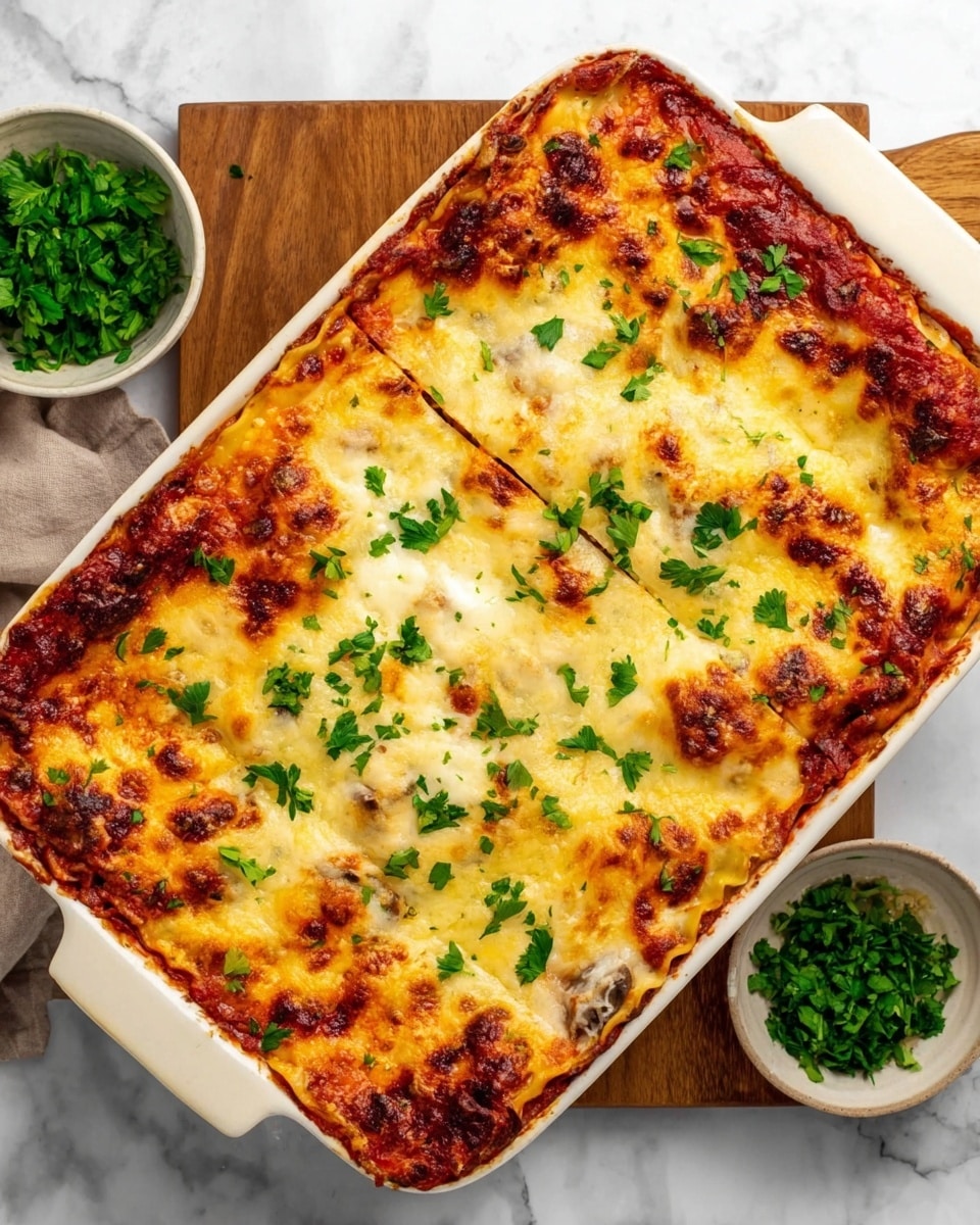 A close-up of a slice of lasagna being lifted from a white rectangular dish, showing about five visible layers. The bottom layers include flat pasta sheets layered with red tomato sauce and melted cheese. The middle layers alternate with creamy white ricotta mixed with chopped spinach, visible as green flecks. The top layer is golden brown melted cheese with a slightly crispy texture and some fresh green parsley leaves scattered on top. The background is a simple white marbled texture. Photo taken with an iphone --ar 4:5 --v 7