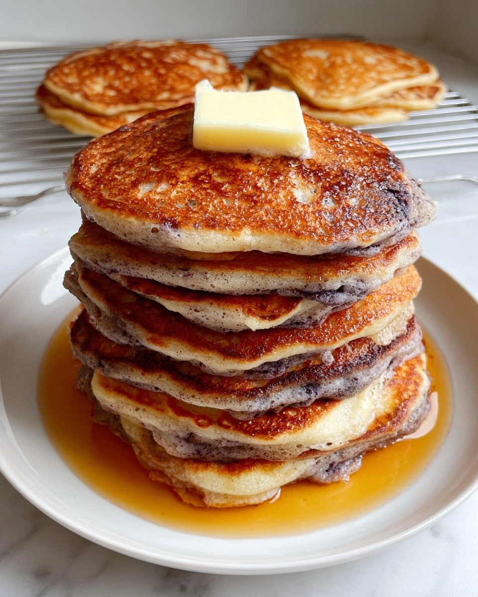 A tall stack of about eight light brown pancakes with darker brown spots and edges sits at the center of a white plate. The pancakes have a soft, fluffy texture with some small holes and unevenness visible. A square pat of melting butter, pale yellow and smooth, rests on top of the stack. Golden syrup pools around the base of the pancakes, glossy and thick, partially soaking the bottom pancake. Behind the stack, on a metal cooling rack, there are four more pancakes with a similar color and texture. The whole scene is set on a white marbled surface. Photo taken with an iphone --ar 4:5 --v 7
